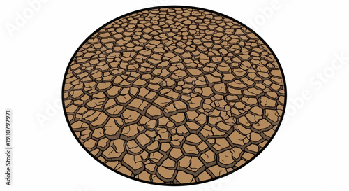 A circular illustration depicts cracked earth, suggesting drought conditions