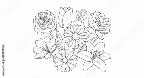A delicate line art drawing featuring a variety of blooming flowers
