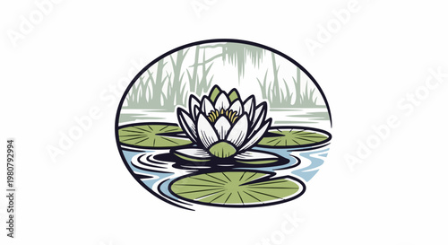 A circular illustration depicting a white water lily on pond with lily pads and reeds