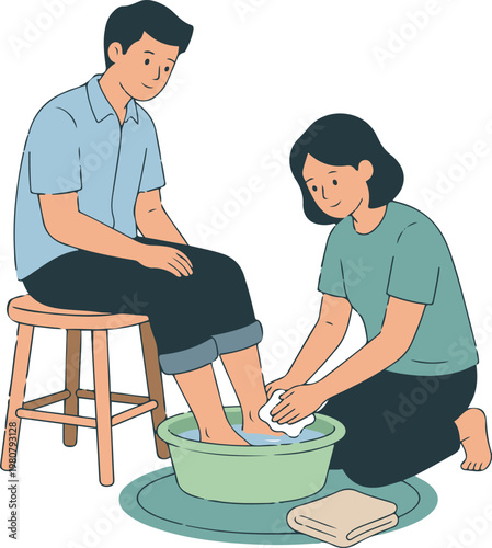 Vector illustration of a woman washing a man’s feet in a basin, symbolizing care, humility, and compassion in a clean flat cartoon style.