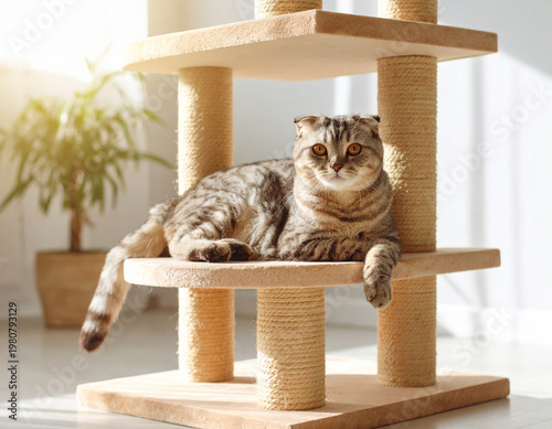 Scottish Fold cat resting cozily on a shelf of a cat tree, basking in warm sunlight streaming through the window in a comfortable home interior. Soft natural light, relaxed indoor pet lifestyle