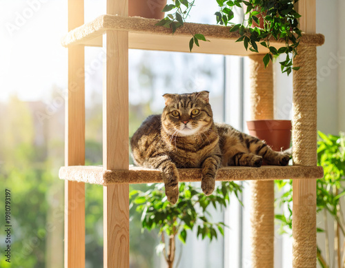 Scottish Fold cat resting cozily on a shelf of a cat tree, basking in warm sunlight streaming through the window in a comfortable home interior. Soft natural light, relaxed indoor pet lifestyle