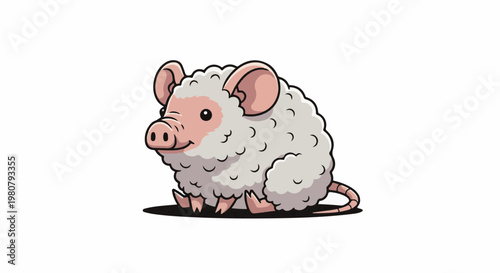 A chubby, white, fuzzy creature with a pig-like snout and ears, sitting