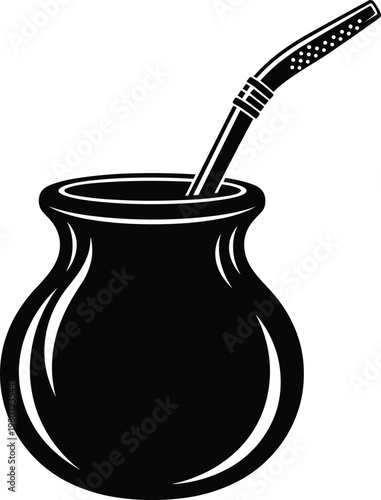Mate gourd silhouette, bombilla straw, traditional drink, South American culture, yerba mate concept, beverage artwork, black vector illustration