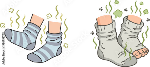 Comparison of clean and smelly socks, illustrating hygiene differences with odor lines and worn-out details in a humorous style.