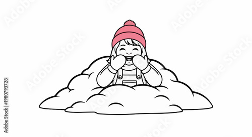 A cheerful child in a winter hat and mittens peeks out from a snowdrift