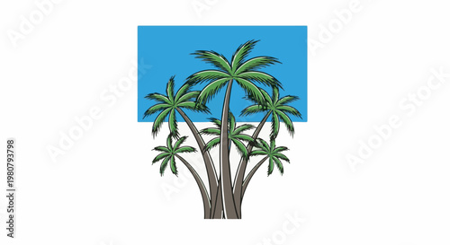 A cluster of palm trees with green fronds against a bright blue sky