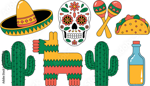 Colorful Mexican culture symbols and food items on white background