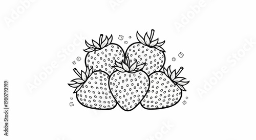 A cluster of five simple, outlined strawberries with leaves and scattered sugar cubes
