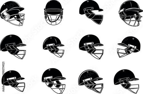 Cricket helmet collection diverse designs and protective gear silhouette illustration