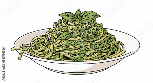 A heaping portion of green pesto pasta with fresh basil leaves