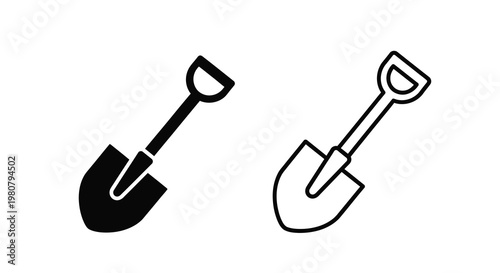 Simple black and white illustration depicting two garden shovels in outline form