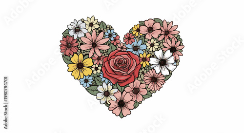 A heart shape formed by a colorful assortment of blooming flowers