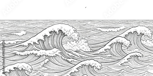 A detailed black and white line art illustration depicting turbulent ocean waves in motion.