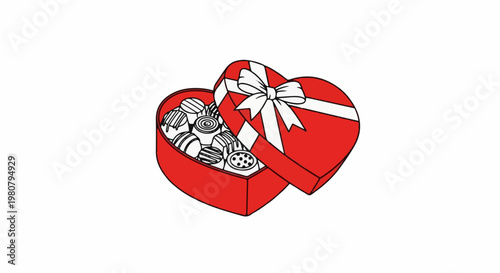A heart-shaped box with assorted chocolates and a ribbon tie