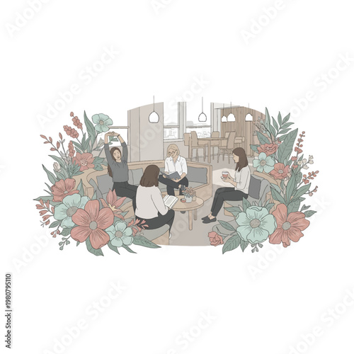 Four women engage in a supportive group therapy session surrounded by an abundance of delicate pastel wildflowers and lush green foliage, creating a serene and nurturing atmosphere in a mode