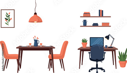 Modern Dining and Office Space Design with Minimalist Furniture, Plants, and Decor Elements for Home Interior Inspiration