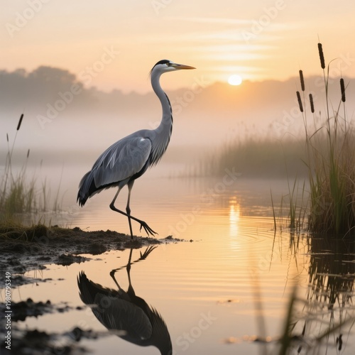 A graceful crane standing tall in a wetland habitat at sunrise r