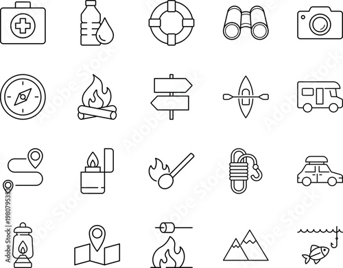 Outdoor camping adventure travel line icon set, campfire, compass, binoculars, camera, map, fishing