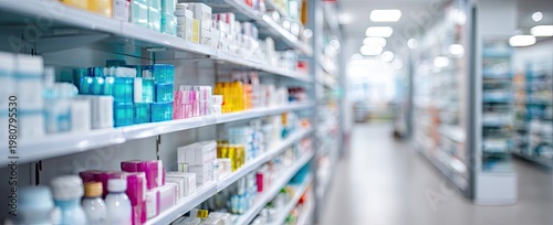 Blurred aisle view in a modern pharmacy with numerous colorful products on shelves