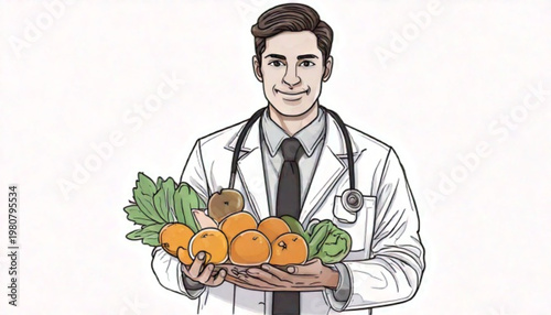 Doctor holding fresh healthy fruits and vegetables for good nutrition.