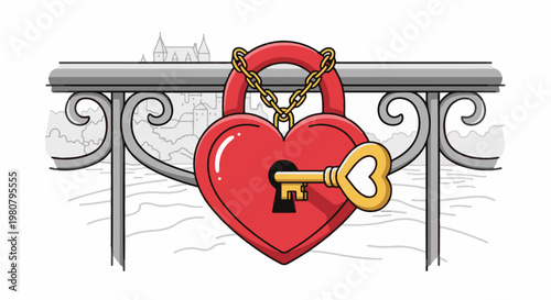 A heart-shaped padlock secured by a golden chain and a key in a castle setting