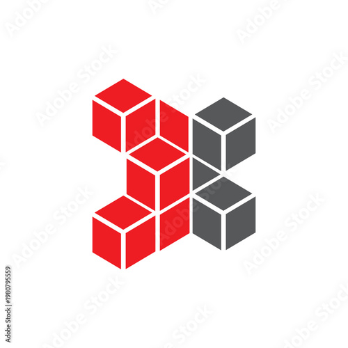 Abstract red and gray cubes forming an x shape logo with abstract, geometric