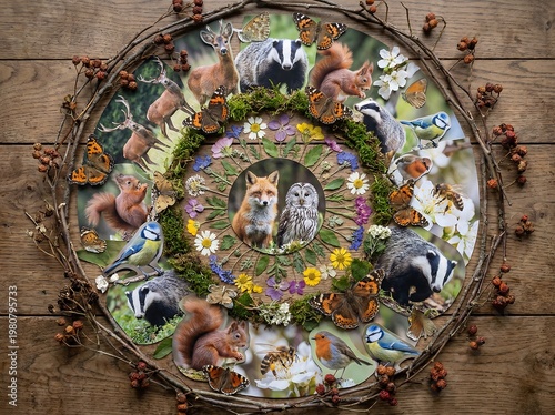 A harmonious woodland ecosystem depicted in a rustic circular art piece, showcasing diverse wildlife and the intricate beauty of nature's interconnectedness