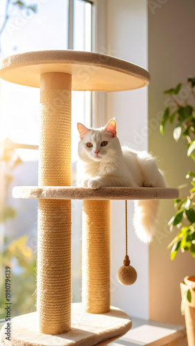 Gorgeous white cat lying on a cat tree, basking in warm sun rays and soft window light in a cozy home interior. Relaxed indoor pet lifestyle with copy space