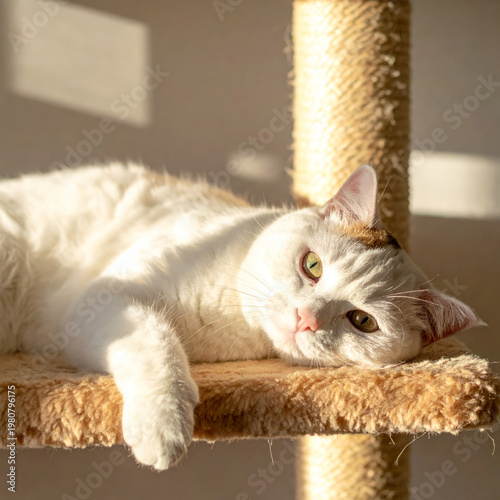 Gorgeous white cat lying on a cat tree, basking in warm sun rays and soft window light in a cozy home interior. Relaxed indoor pet lifestyle with copy space