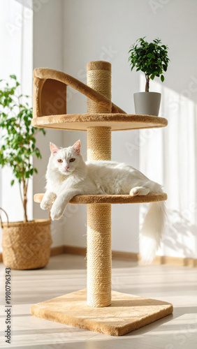 Gorgeous white cat lying on a cat tree, basking in warm sun rays and soft window light in a cozy home interior. Relaxed indoor pet lifestyle with copy space