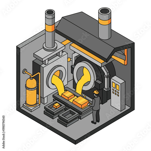 Industrial Factory Scene with Molten Metal Pouring.