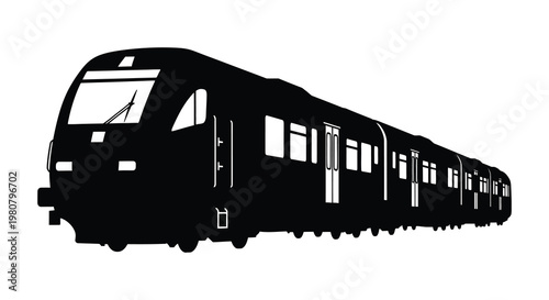 A long passenger train depicted in a striking black silhouette