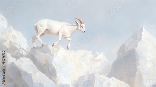 Mountain goat climbing rocky heights against a serene sky