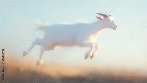 Dynamic painting of a joyful leaping goat in a serene pastoral scene