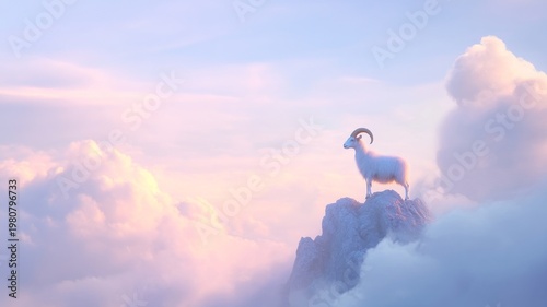 Majestic mountain goat on rocky peak amidst clouds – perfect for nature and adventure themes