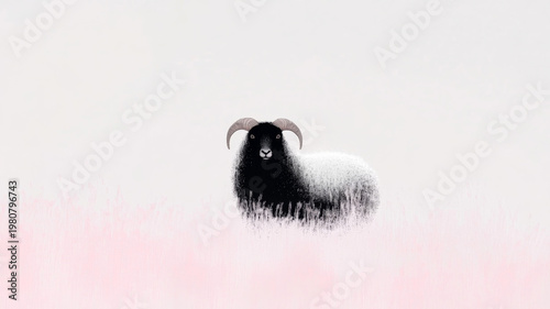 Photorealistic sheep alone in pastel landscape for nature and farm design