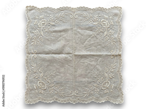 Canvas-taulu Vintage cream linen handkerchief with detailed floral hand embroidery and lace trim on a transparent background
