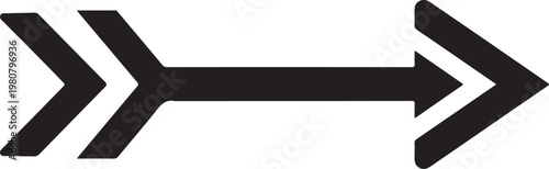 Black arrow with stylized feathered fletching and pointed head on a white background