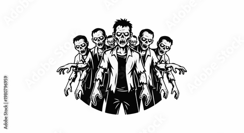 A horde of zombie figures with tattered clothes and vacant stares