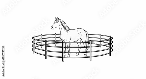 A horse stands within a circular metal fence