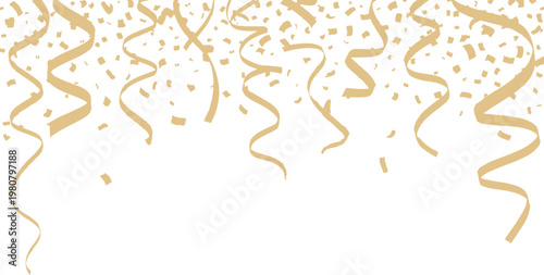 Golden confetti and ribbons falling down on white background for celebration decoration