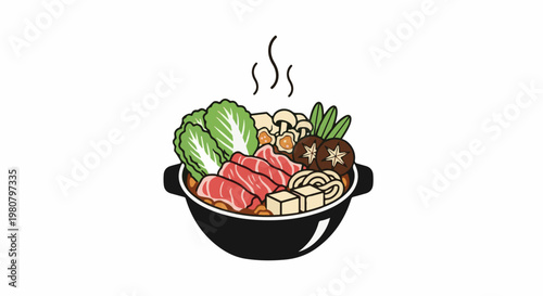 A hot pot filled with meat, vegetables, mushrooms, and tofu