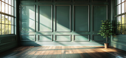 Green empty living room interior. Office wall panel backdrop for online meetings. Blank home office setting background. Online workspace aesthetics.