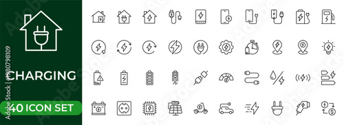 Charging and Battery Line Icon Set for Power Supply, Electric Charging, Energy Level, Mobile Battery, EV Charging Station and Electricity Outline Vector Collection