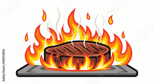 A juicy steak is grilled over a hot fire on a metal grate