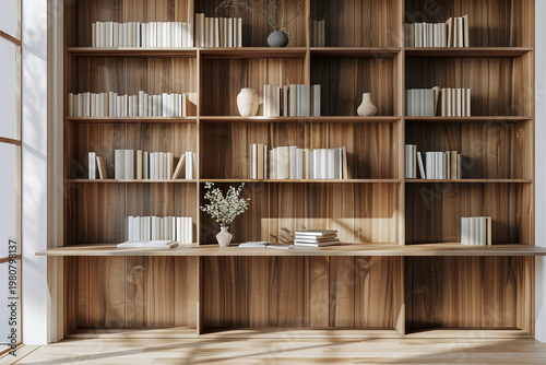 Sunlit bookshelf wall with ledge display, white blossoms and warm wood grid. Elegant interior background for publishing brands, product layouts and remote calls.