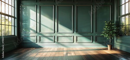 Green empty living room interior. Office wall panel backdrop for online meetings. Blank home office setting background. Online workspace aesthetics.