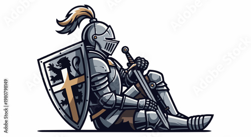 A knight in shining armor sits with sword and shield, resting