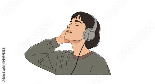 Person Listening to Music with Headphones Natural Color Illustration